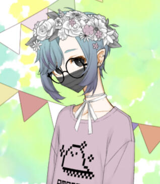 A picrew of KJ, fleur has blue-purple ombre hair, wirh a white flower crown, fleur also has rounded black glasses and a black mask on. Fleurs outfit consists of a pink gaming shirt, a white skirt and a loose ribbon around fleur neck. You are unable to see