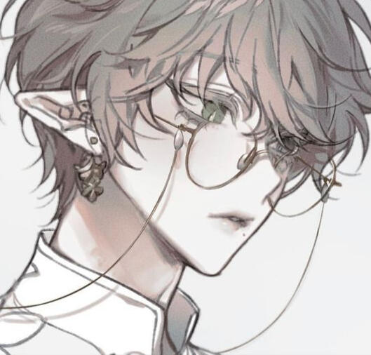 a picture of a fair skinned elvish being, they are wearing round glasses with a glasses cord behind their neck, as well as piercings on their ears. they have sandy blond hair that is short