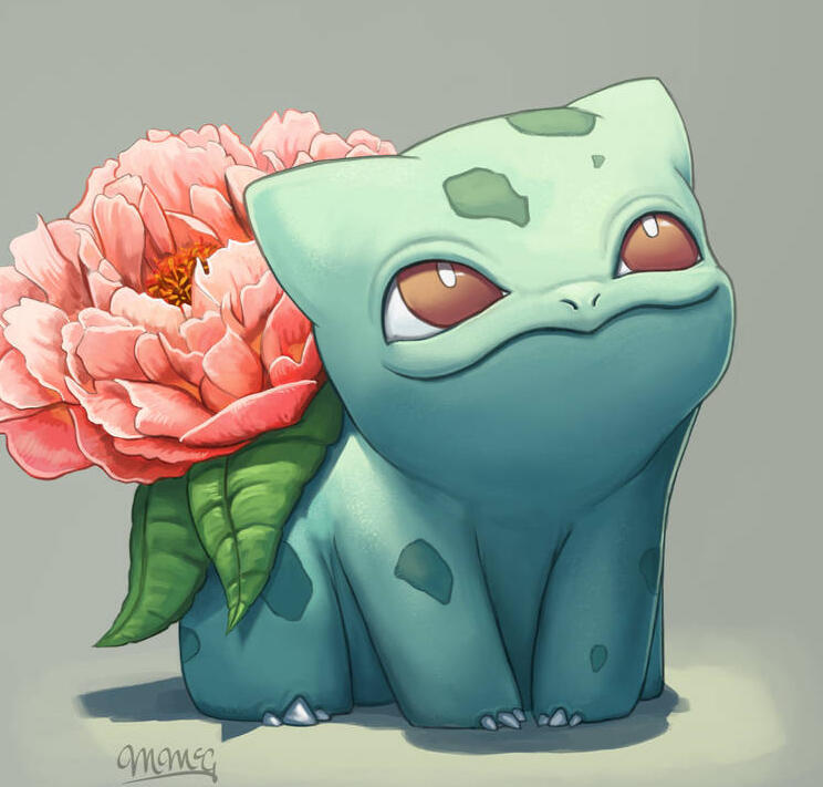 A picture of Bulbasaur who is a green reptile, similar to a tortoise, with a large pink flower on his back instead of a shell, he has large red eyes and darker splotches arouns his skin