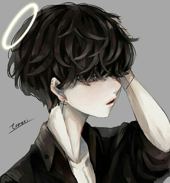 a picture of our core, the entity has pale-white skin, fluffy short black hair covering their eyes. the creature is wearing a simple black button up shirt and has a halo, as well as some piercings on their ears and a bracelet